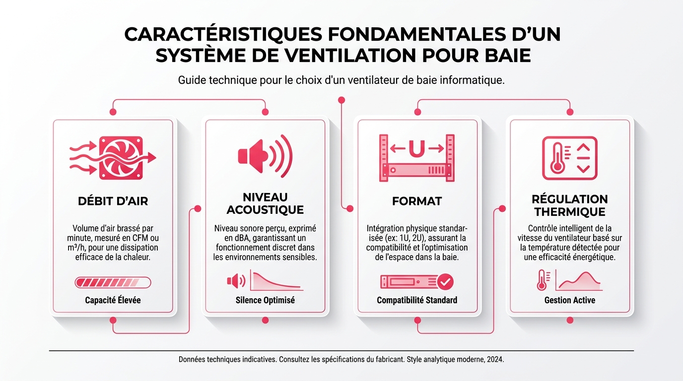Infographie des 4 critères techniques pour choisir un ventilateur de rack informatique