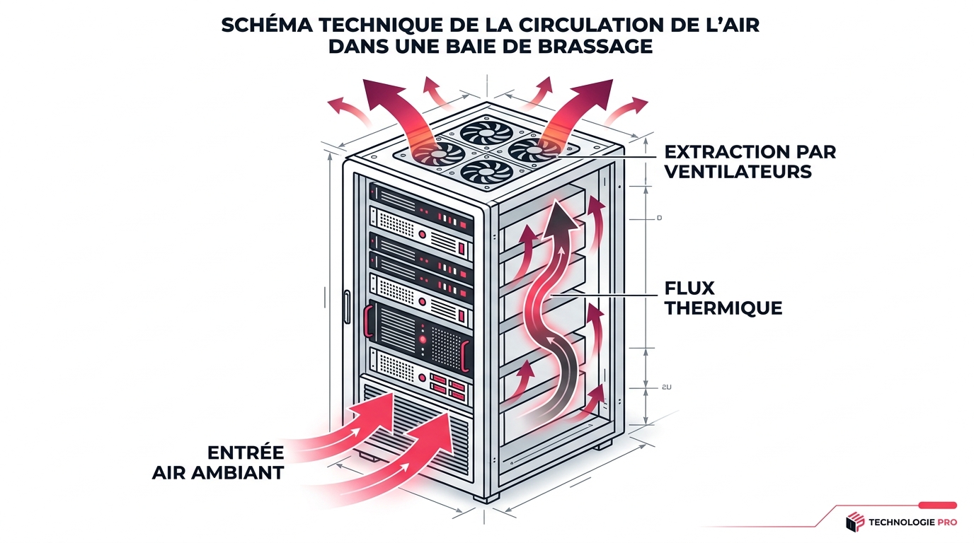 Schéma technique de la circulation de l'air et de l'extraction thermique dans une baie informatique